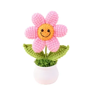 Handmade crochet pink sunflower potted plant desktop ornament cute floral gift for home decor