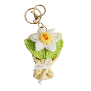 Handmade crochet flower bouquet keychain, sweet yarn knitted floral bag charm and keyring.