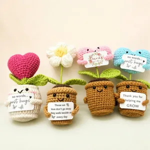 Handmade crochet potted plants with cute emotional cards, perfect cozy desk decor gifts.