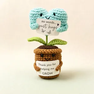 Handmade crochet flower potted plant doll with emotional support sign, cute knitted ornament.
