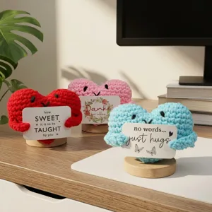 Handmade Crochet Woolen Cute Love Heart Plush Doll Finished Card Support Cartoon Soft Desktop Ornament
