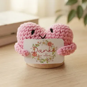 Handmade crochet heart plush doll with wooden base and greeting card cute desktop decor.