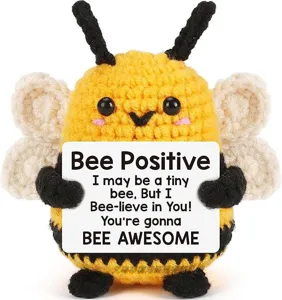 Handmade crochet bee plush toy with a positive quote sign, cute emotional support gift for friends.