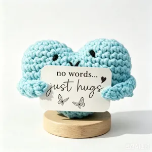 Handmade crochet light blue heart doll with greeting card cute desktop ornament gift.