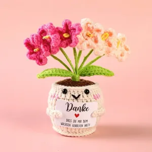 Handmade crochet potted flower with cute face card positive gift desk decor ornament.