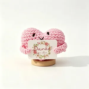 Handmade crochet pink heart doll with card wooden base cute desktop decoration display