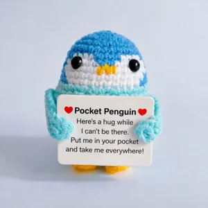 Handmade crochet pocket penguin plush doll with encouragement card cute emotional support gift.