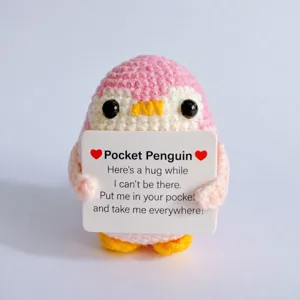Handmade crochet pocket penguin plush toy detail view, cute mini emotional support gift.