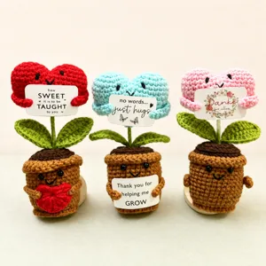 Handmade crochet heart potted plants, cute knitted flower plush doll desktop decor.