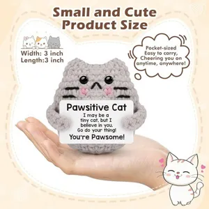 Handmade crochet cat plush toy with positive energy card, cute pocket-sized gift for friends.