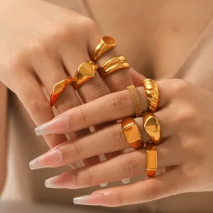 18K gold plated stainless steel chunky stackable rings set, elegant minimalist design for women.