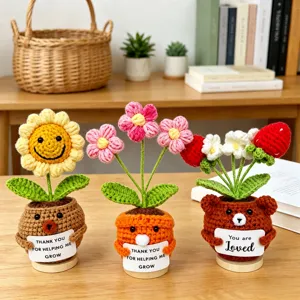 Handmade Crochet Cartoon Animal Potted Plant Cute Knitted Flower Wool Potted Desk Decoration Gift For Teacher Mother