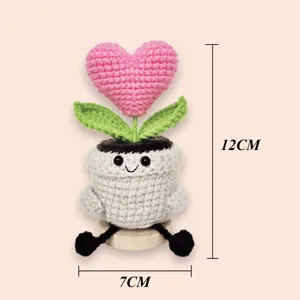 Handmade crochet heart potted plant doll, cute knitted flower ornament desk decor 12cm
