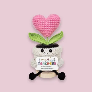 Handmade crochet heart potted plant toy detail, perfect cute teacher appreciation gift.