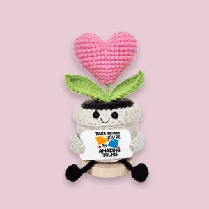Handmade crochet heart potted plant doll with teacher theme, cute knitted ornament gift.