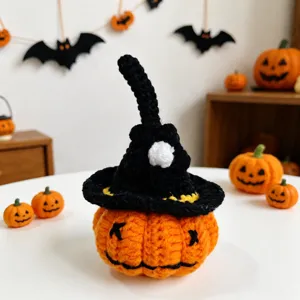 Handmade crochet Halloween pumpkin doll desktop car ornament cute knitted holiday gift