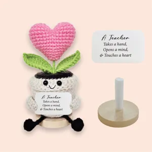 Handmade crochet heart potted plant teacher day doll ornament gift with wooden base and card