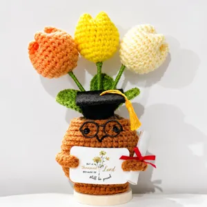 Handmade crochet graduation tulip potted doll desktop ornament creative cute gift