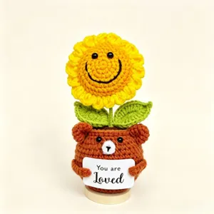 Handmade crochet sunflower potted plant with cute bear knit toy for home decor gift