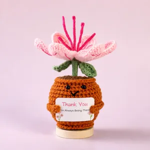 Fleur au crochet faite main en pot avec visage mignon et carte, jolie décoration de maison.