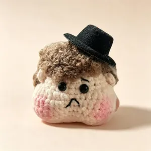 Handmade crochet doll head detail with cute curly hair and black top hat ornament.