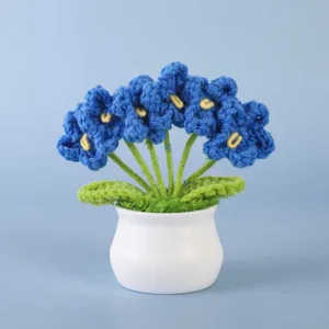 Handmade crochet blue flower potted plant desktop ornament home office decoration gift.