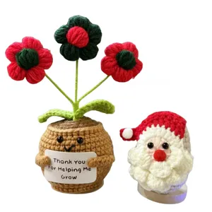 Handmade crochet potted flower and cute Santa Claus Christmas desktop decor ornament