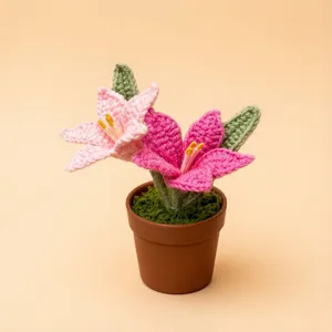 Handmade Knotted Yarn Lily Flower Potted Plant Ornament Cute Crochet Floral Desktop Decor Home Decoration Gift