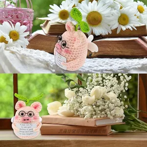 Handcrafted crochet positive pig doll with wings and glasses cute encouragement gift cute desk decor