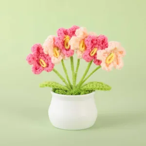 Handmade crochet potted flowers, cute yarn knitted plant desktop ornament for home decor.