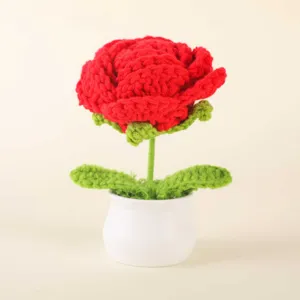 Handcrafted crochet red flower potted plant, lovely wool knitted desktop decoration gift.