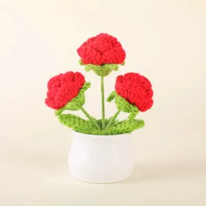 Handmade crochet red flower potted plant, cute desktop ornament and home decor gift.