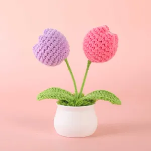 Handmade crochet tulip flower pot detail shot, cute desktop ornament and nice gift.