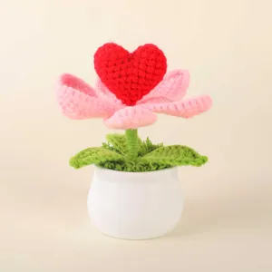 Close-up detail of handmade crochet flower potted plant with red heart, perfect desktop decor.