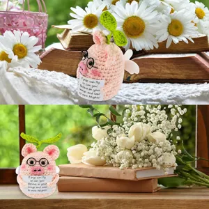 Cute emotional support crochet pig doll with glasses hand-made knit novel encouraging gift.