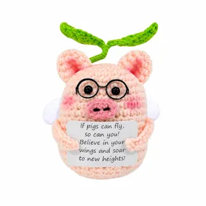Cute handmade crochet pink pig doll with glasses and wings, emotional support gift for friends.
