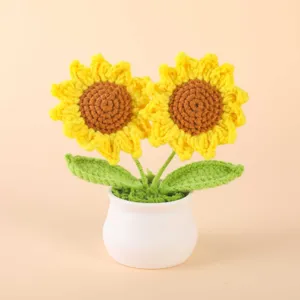 Handmade crochet sunflower potted plant detail view, perfect for desktop decor or lovely gifts.