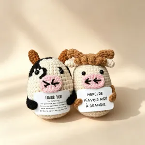 Handmade crochet animal plush dolls pair holding message cards, cute desk decor gift.