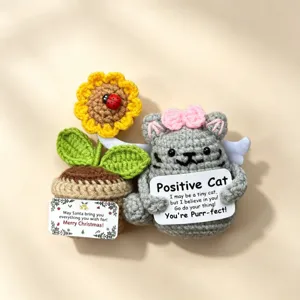 Handmade crochet sunflower and cat detail view, cute emotional support desk ornament gift.