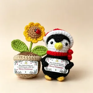 Handmade crochet Christmas penguin and sunflower potted ornament, exquisite yarn toy gift.