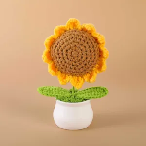 Handcrafted crochet sunflower potted plant cute wool flower desktop ornament for home decor gift.