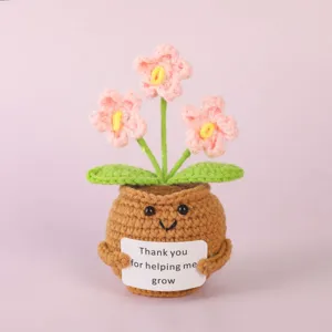 Handmade crochet potted plant detail, cute flower toy with positive message card.