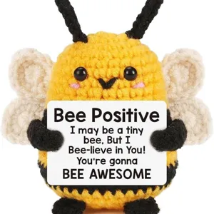 Handmade crochet positive bee plush toy with inspirational quote card, cute creative gift for friends.