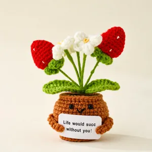 Handmade crochet strawberry potted plant cute yarn flower toy room desk decor ornament gift
