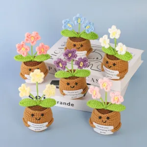 Handmade Knitted Potted Plant Crochet Cute Smiley Flower Doll Positive Energy Car Pendant Desktop Decor Gift