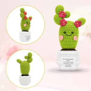 Handmade crochet potted cactus plush toy with emotional support card for desk decor and gifts.