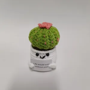 Vista detallada de cactus de ganchillo hecho a mano con maceta linda y tarjeta divertida.