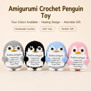 Handcrafted Crochet Penguin Plush Toy Cute Stuffed Animal Desktop Figurine with Inspirational Card Positive Gift