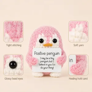 Handmade knitted penguin ornament with inspirational card for cute desktop car decor gift.