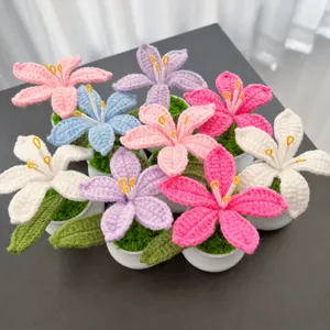 Handcrafted crochet lily potted flower artificial plant cute desktop home decoration ornament.